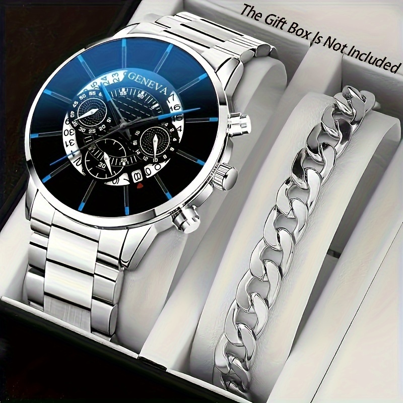 2 pcs exquisite mens quartz watches stylish stainless steel watch chains fashionable durable perfect gift for valentines day fathers day or any special occasion details 1