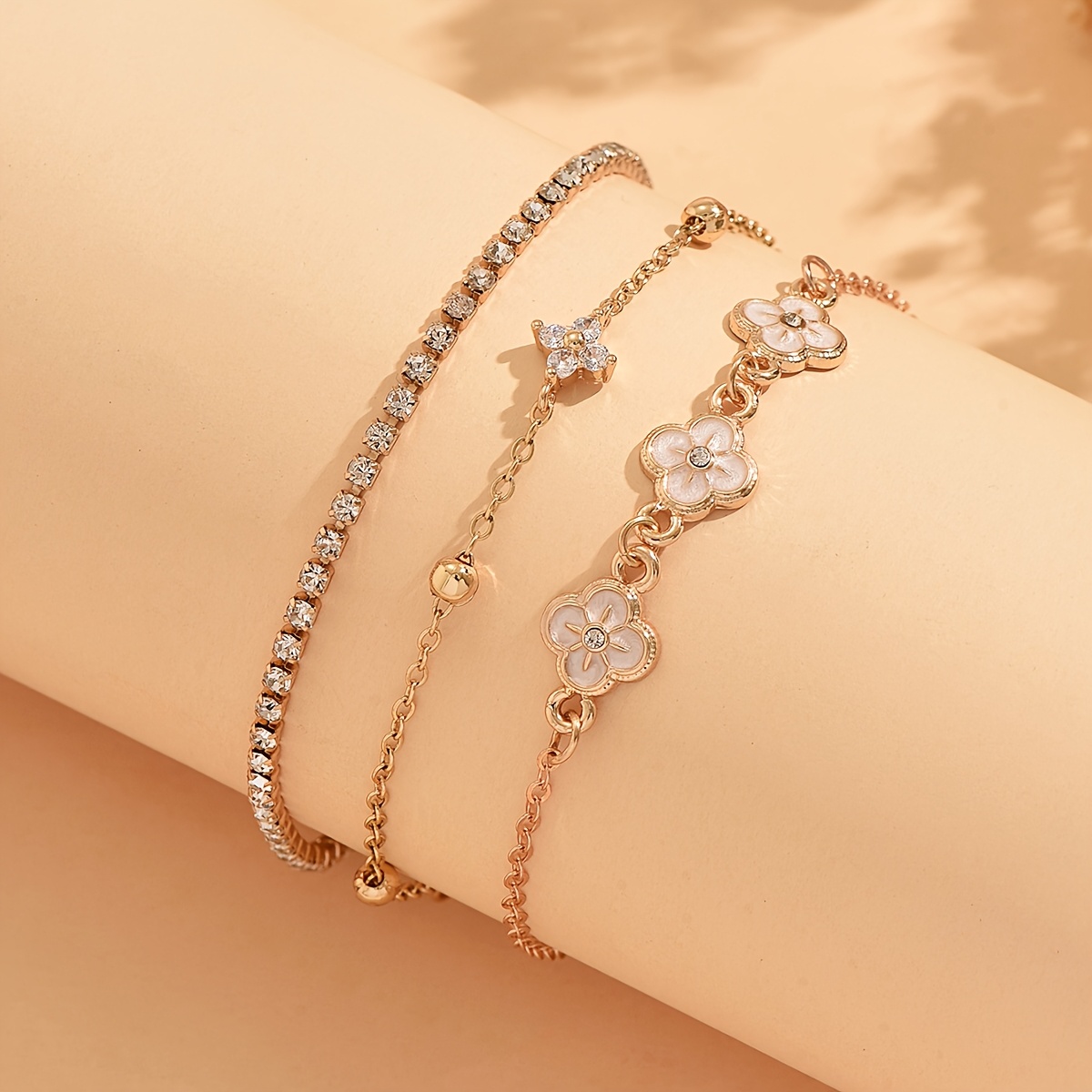 TEMU 3pcs Ins- Luxury Delicate Bracelet Set With Full Rhinestone Chains And Flower Rhinestone Decorations, Fashionable And Versatile Women's Hand