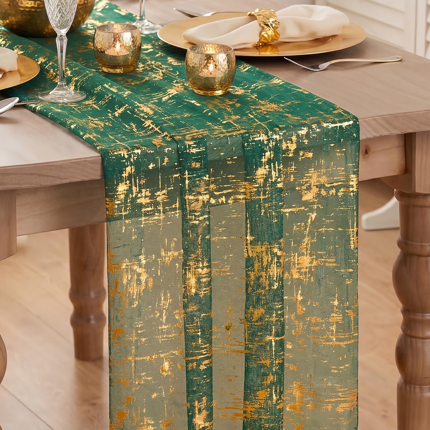 TEMU de Mesa de Gasa Verde Dorada de 78 Pulgadas, Transparente para Navidad, Boda, Comedor, Aniversario, Decoración de Navideña