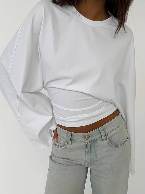Solid Color Basic Casual Batwing Sleeve T-Shirt for Women, Long-Sleeve Top for Spring and Autumn, Relaxed Fit, Spring Fashion, Elegant Design, Minimalist Style, , Soft Fabric, Versatile Blouse, Women s Tshirt, Fashion Enthusiasts, Adults