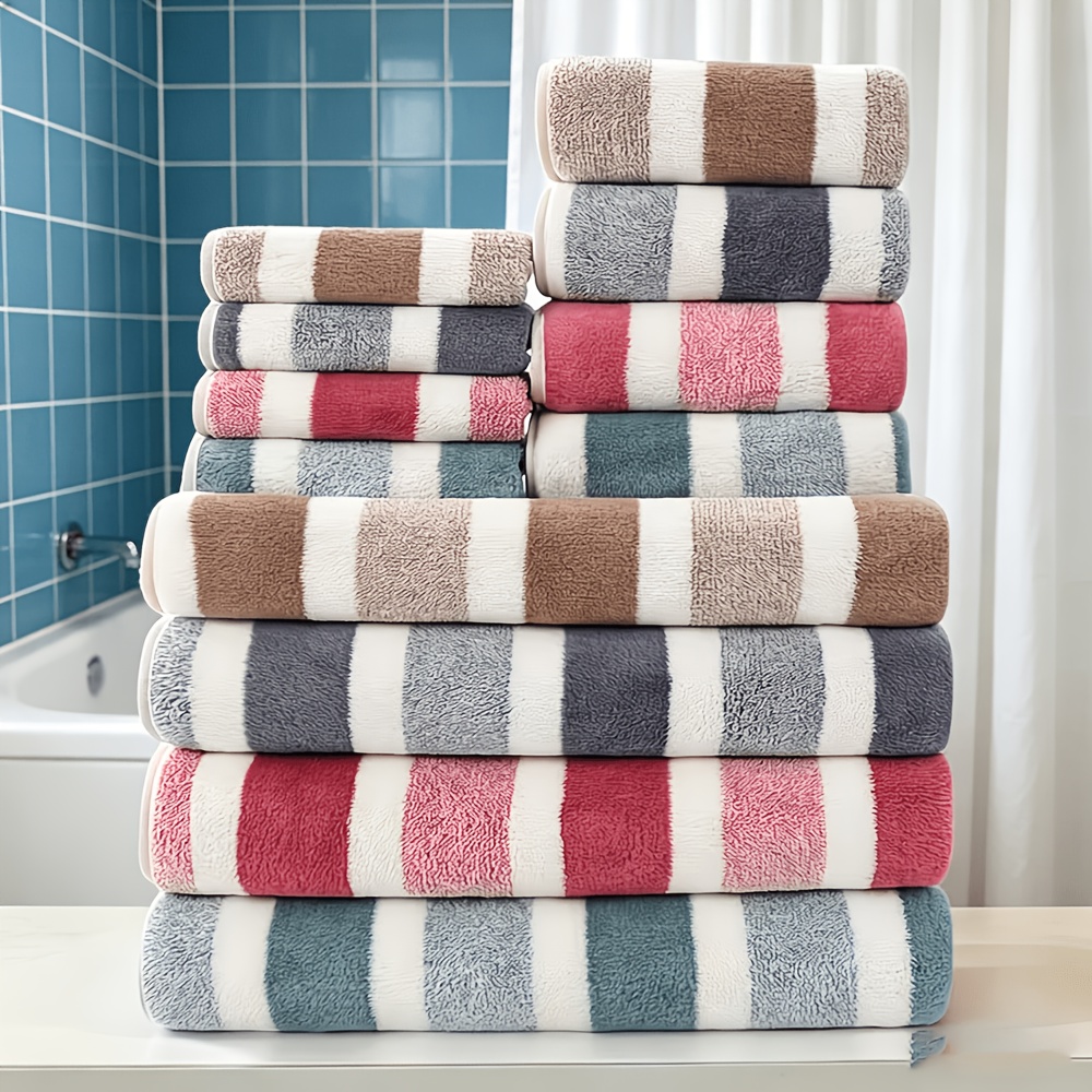 TEMU Juego de 12 piezas: 4 toallas de baño, 4 toallas de y 4 paños de . Estampado a rayas, de material de microfibra y con gran absorción. Adecuado