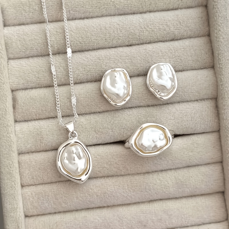 TEMU 3pcs Set (1pc Necklace And 1 Pair Earrings And 1pc Ring) Western Style French Retro Baroque Style Inlaid Artificial Pearl Necklace Earring Set