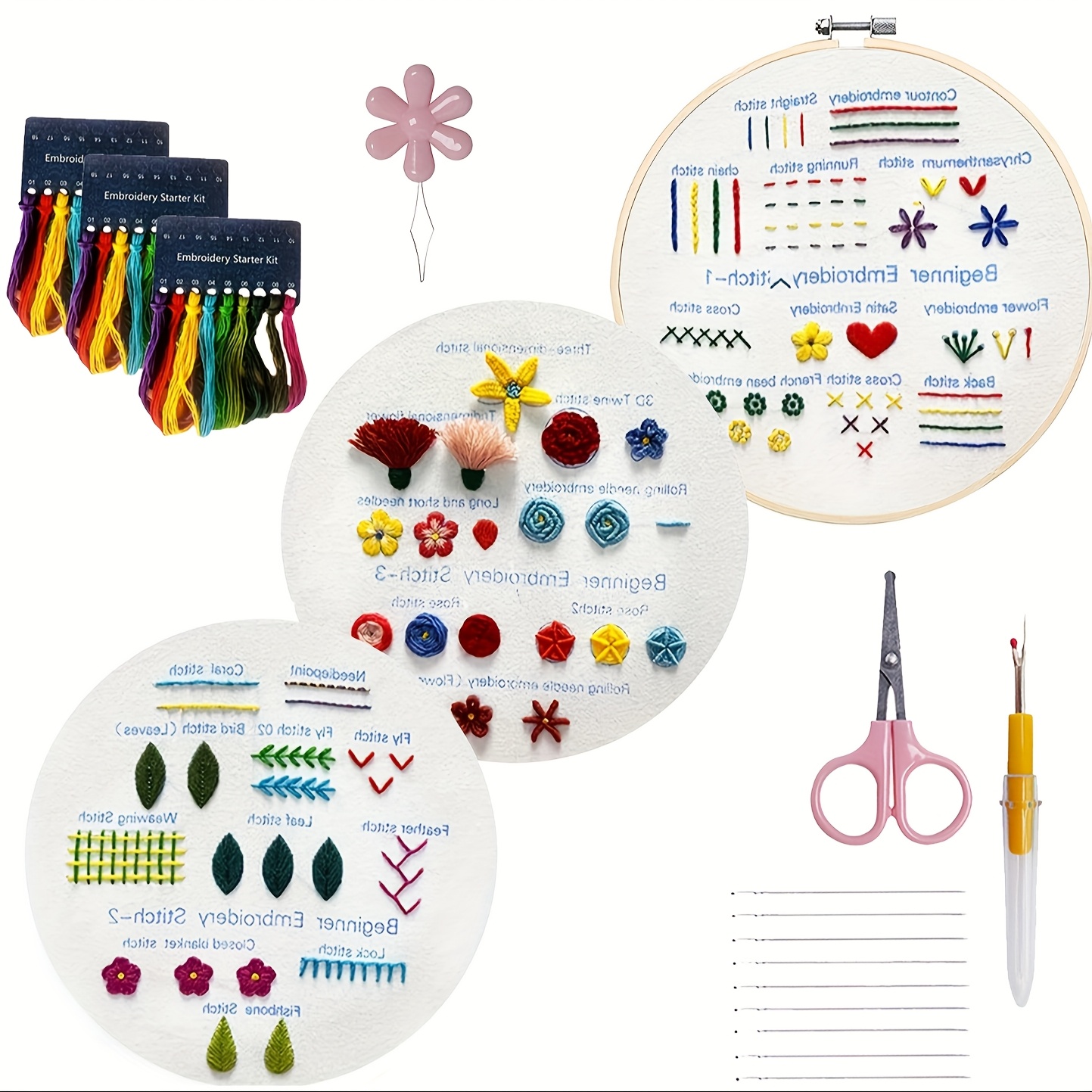 

3 Pack Embroidery Kit For Beginners, Embroidery Practice Stitching Kits With Hoop, Learn Different Stitches Embroidery Kit, Lover Gift