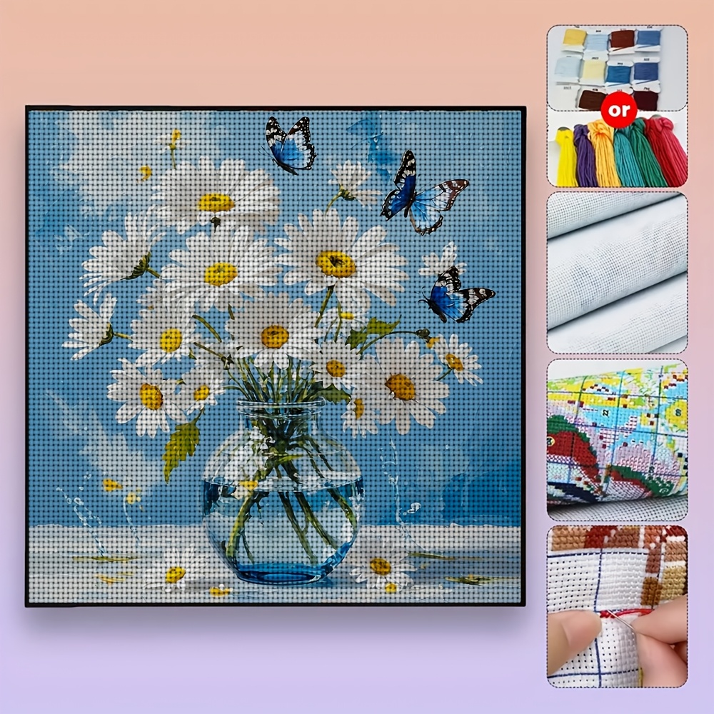 DIY Cross-Stitch Printed Kit of Daisies and Blue Butterflies, Unframed