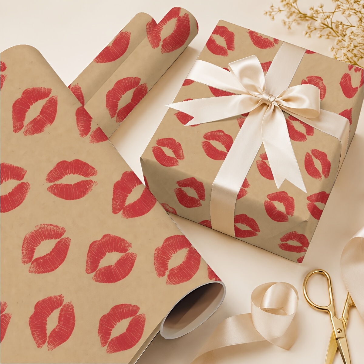 TEMU Extra Lange Cadeaupapier Rol 19.69In X 118.11In Rode Lippenstift Kus Inpakpapier voor Verjaardagen, Bruiloften, Valentijnsdag en Kerstfeesten
