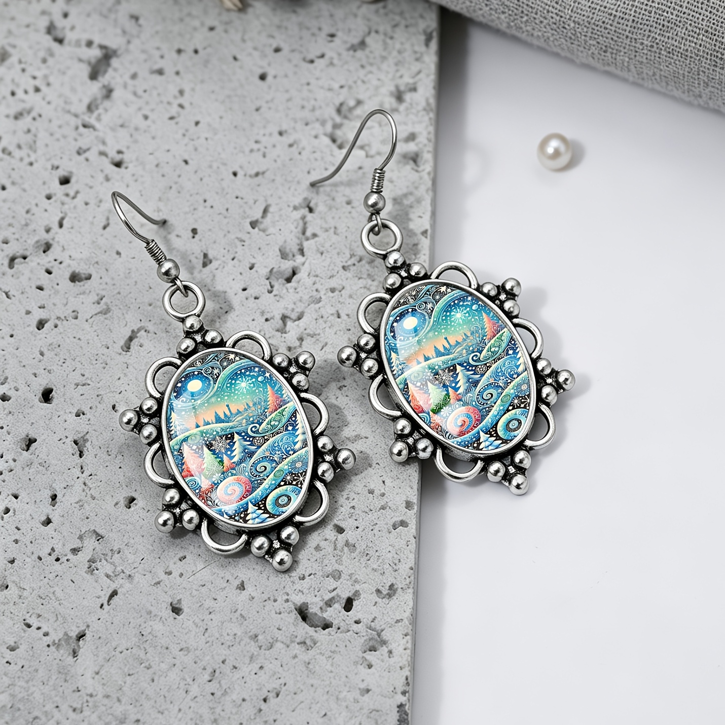 Men's Christmas Snow Scene Patterned Oval Earrings