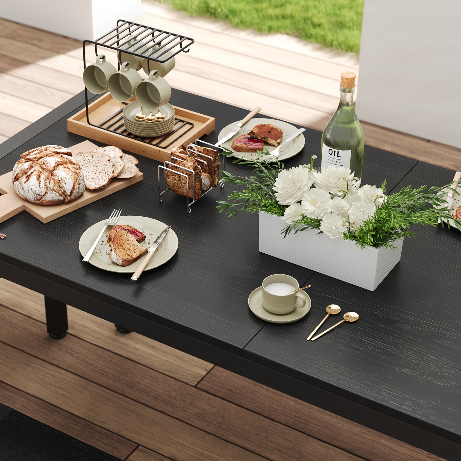 Non-Folding 5pcs Indoor & Outdoor Dining Table Set, 6 Seater Patio Kitchen Table with 2 Benches & 2 Stools, Industrial Space-Saving Set for Picnic, Camping, Backyard