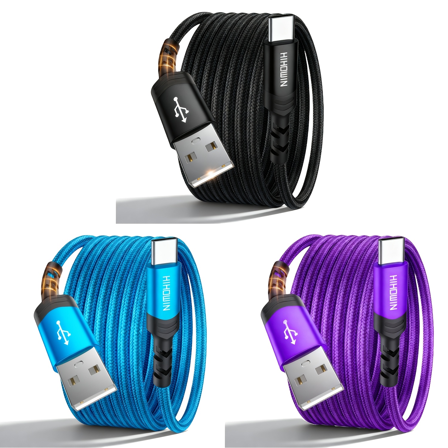 Image of 3pcs Type C Charger Fast Charging, Usb A To Usb C Cable Braided Usb C Charger For Iphone 17/16/15 Series For Google Oppo Tcl Oneplus And More, 3.3ft/6.6ft/9.9ft.