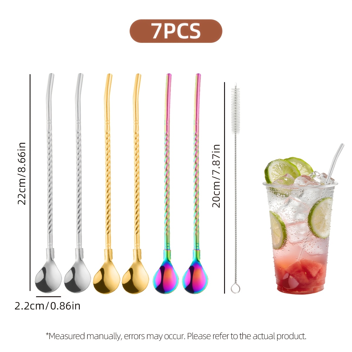 TEMU Lot de 6 + 1 brosse, en acier inoxydable, ensemble de métalliques durables avec brosse de nettoyage, convient pour thé , milk-shakes, jus, café,