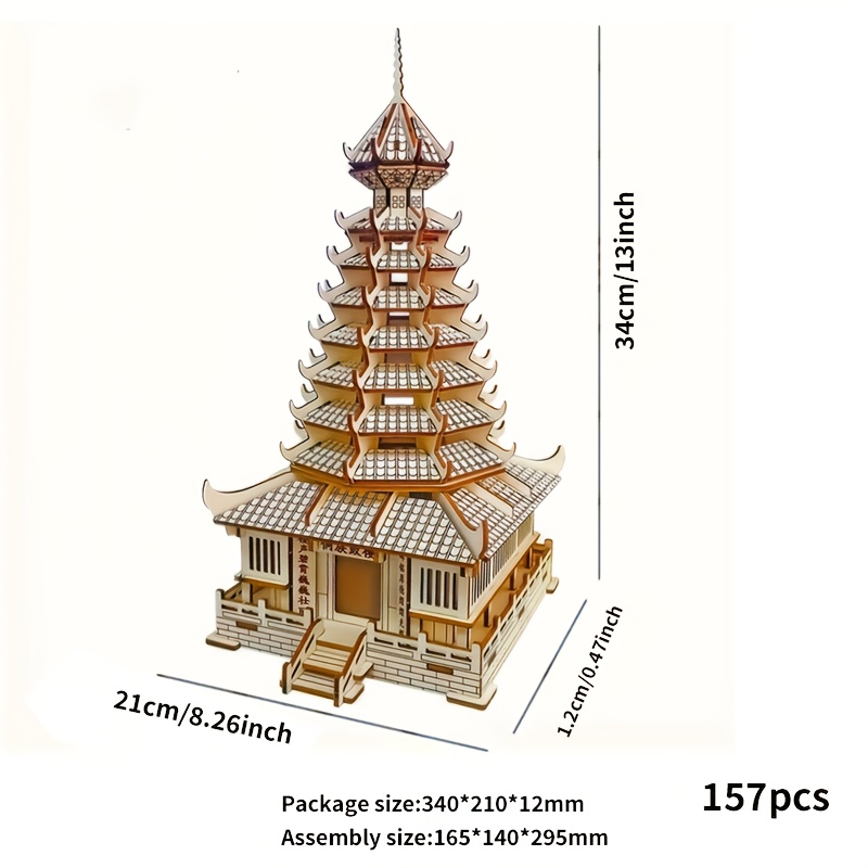 Image of 3d Wooden Pagoda Model Kit - A Considerate Present: 157pcs Wooden Pagoda Set, An Ornament That Brightens Of Classic East Asian Design