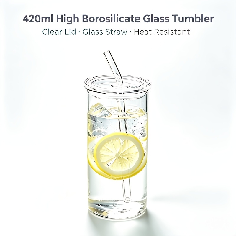 TEMU High Borosilicate Glass Cup With Lid And Glass Straw, 420ml Transparent Ice Coffee Cup, Reusable Water Bottle Suitable For Car, Fitness, Picnic,