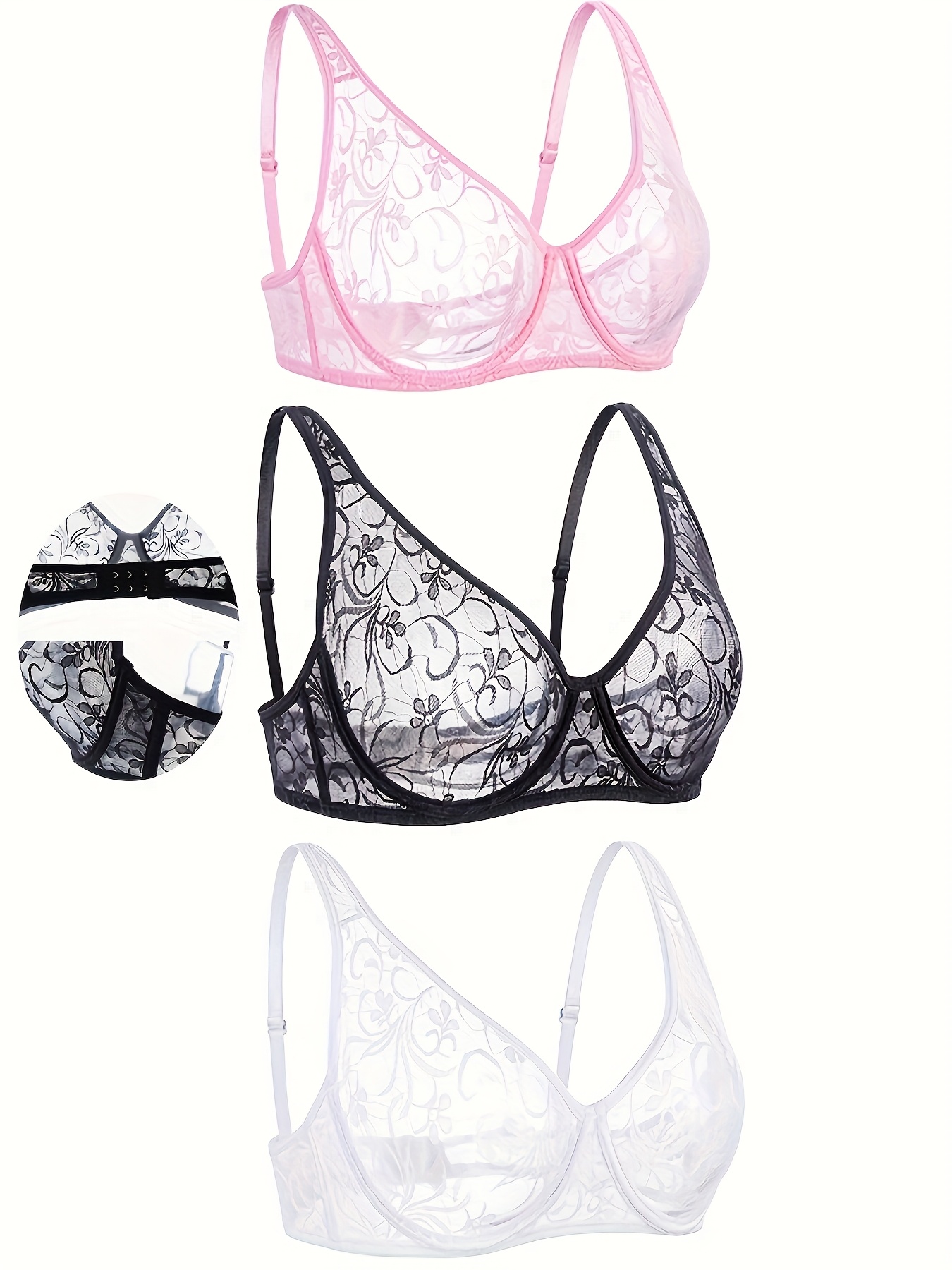 3pcs womens breathable lace bras with underwire elegant floral embroidery stretchy  able casual underwear in   white no padding everyday     underwire br mixed color 0