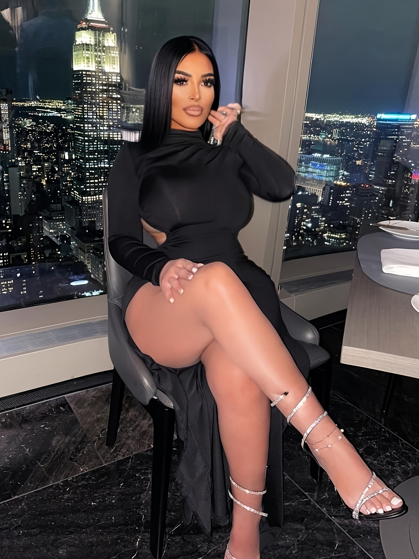 asymmetrical split thigh cut dress bodycon long sleeve - Temu