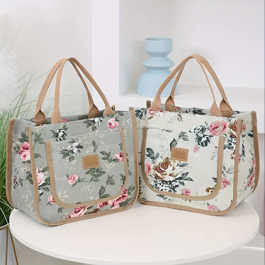 TEMU 2-pack Vintage Floral Fabric Handbag - Portable, Elegant Work Tote Bags With Zipper Pocket, Retro Style Organizer Storage, Ideal For Shopping,