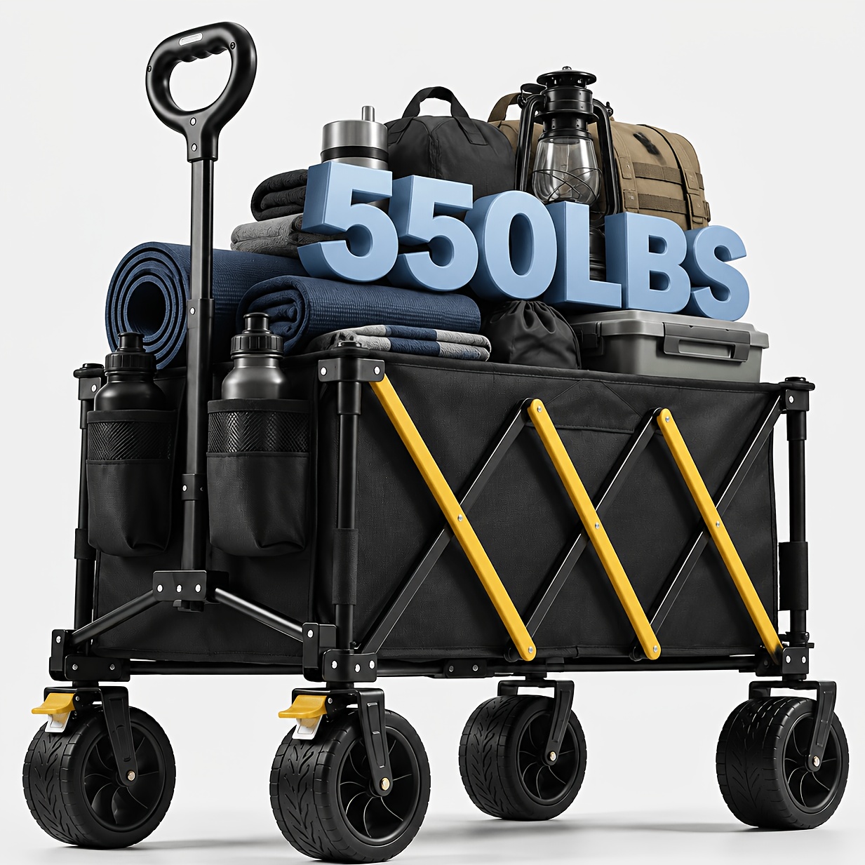TEMU 360 Lb/550 Lb/635 Lb All Terrain Heavy Duty Folding Wagon, Large Capacity Camping Shopping Cart, Black Garden Tool Storage Rack, Durable Tire
