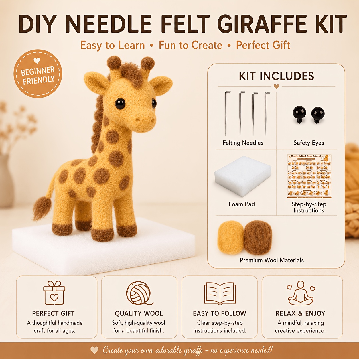 TEMU Felt Giraffe Handcraft Kit - Needle Felting, , Includes Full Set Of Craft Materials And -by-step Tutorial Video, Beginner-friendly Ornament,