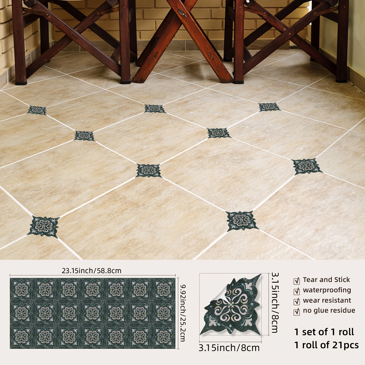 Image of 21pcs Moroccan Diagonal Peel And Stick Wallpaper/ - Self-adhesive Vinyl Suitable For Floors, Walls, Kitchen, Bathroom, -resistant, Installation (removable, No Glue)