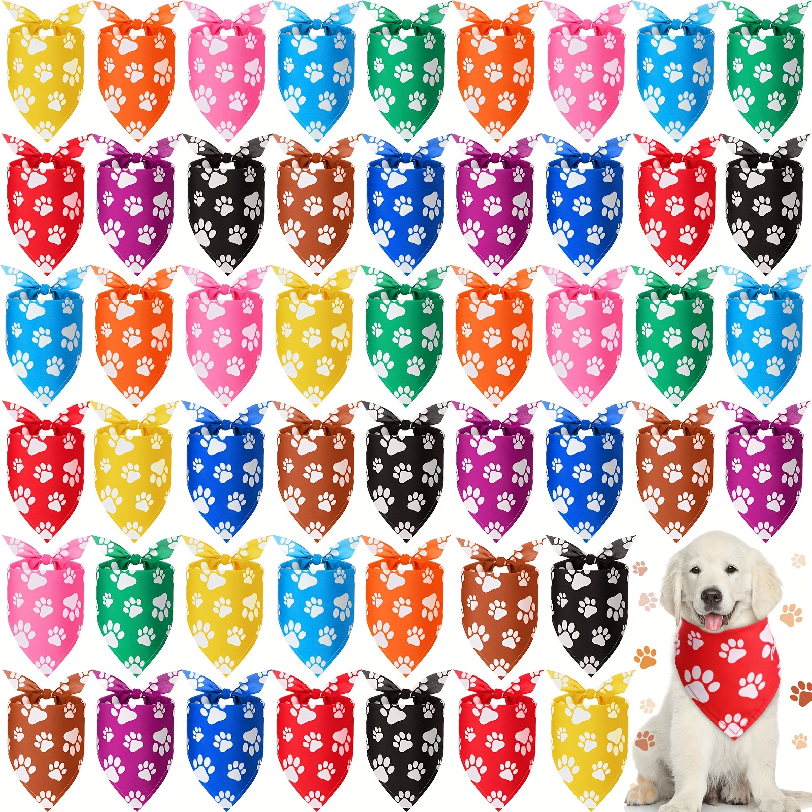 TEMU Bulk Set Of 50 Colorful Paw Print Bandanas For Dogs, Suitable For Small, Medium, And Large Pets, Designed As Kerchiefs Or Bib Scarves For Costume Additions