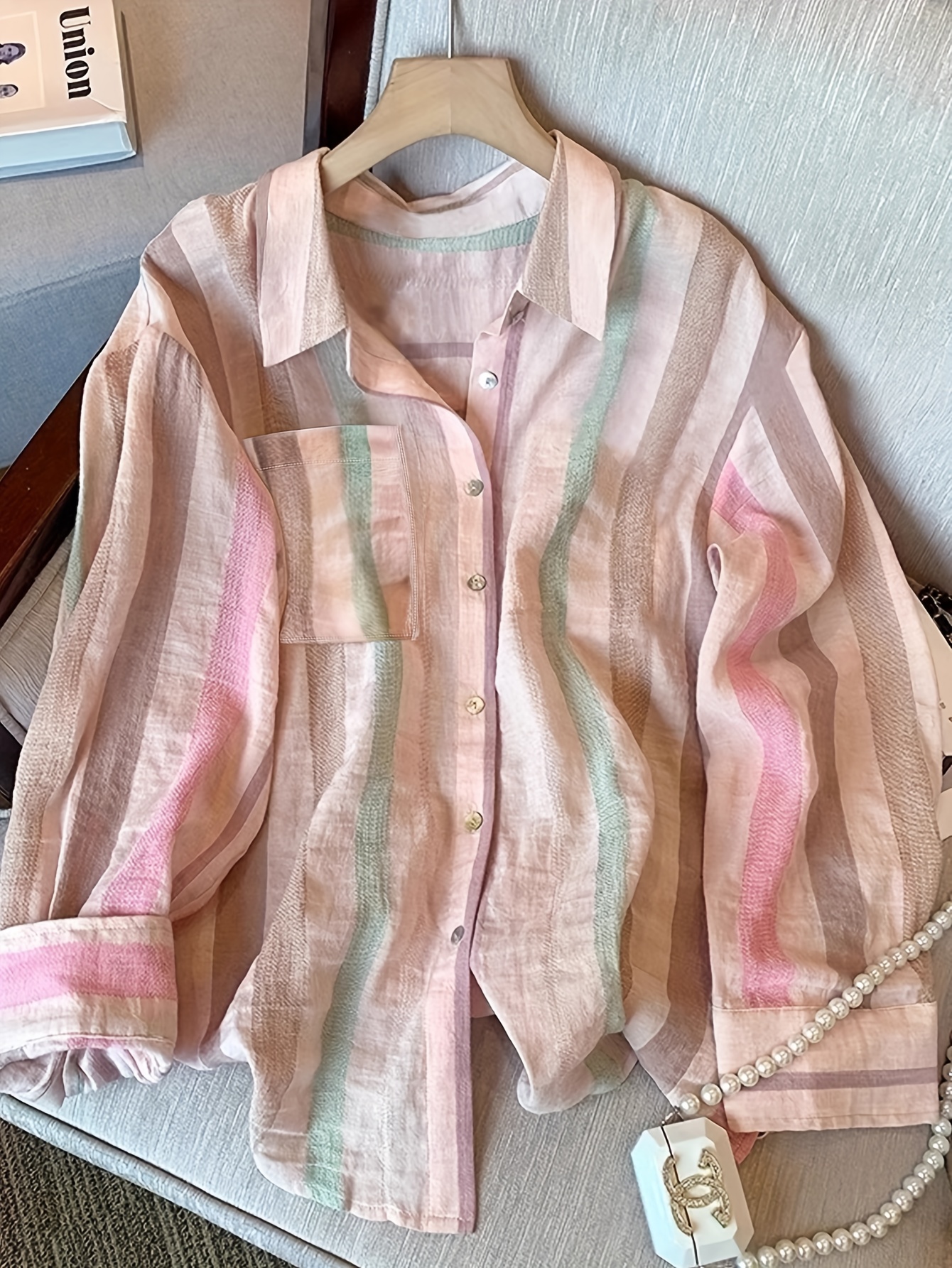 womens dopamine   pink striped collar long sleeve shirt spring autumn fashionable chic single button blouse jacket and  