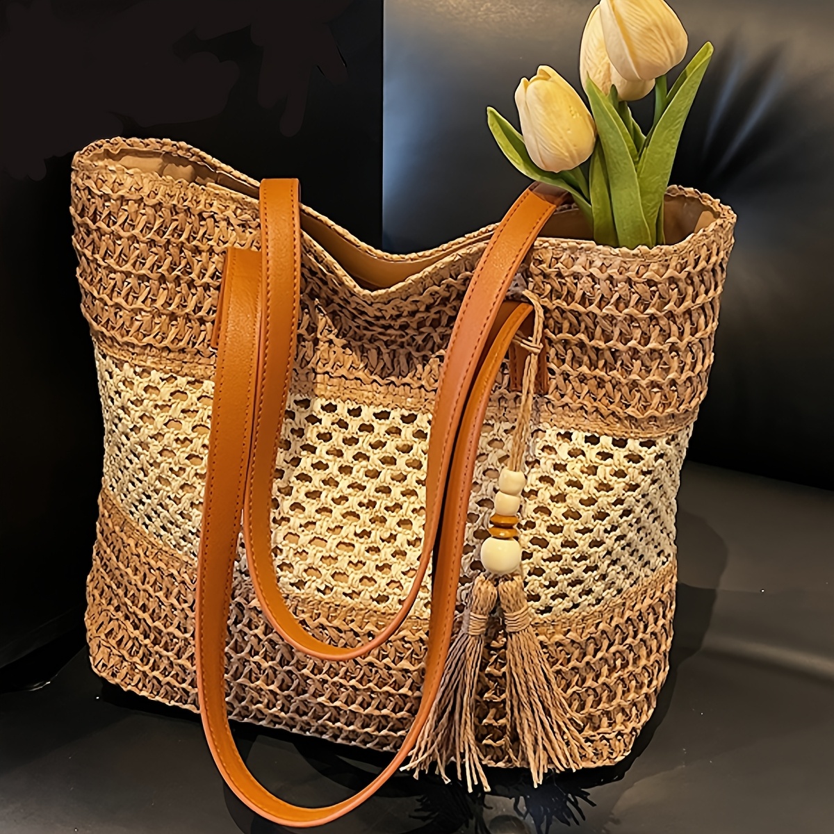 Women's Color-* Large Capacity Tassel Decor Shoulder Bag, Bohemian Style  Woven Tote Bag with Vintage Vacation Look Shopping and Crossbody