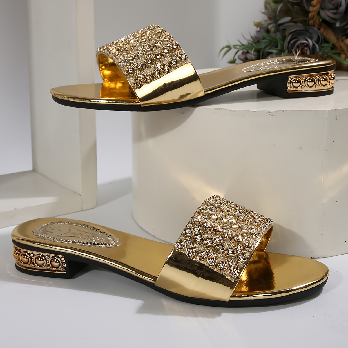 Women's Retro Slip-On Sandals - Black with Golden Rhinestone Accents, Round Toe & Adjustable Straps, Low Heel Comfort for All-Season Casual Wear, Strappy Sandals