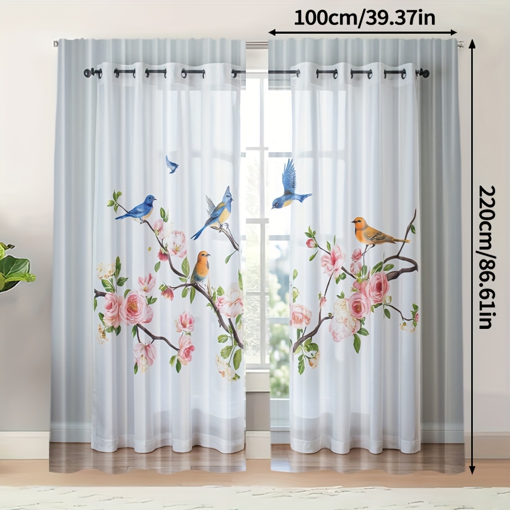 TEMU 2pcs, Retro Style Curtains, Floral And Bird Prints, Polyester, Perfect For Living Room, Bedroom, Study, Dining Room - Perfect For , (rod Free)
