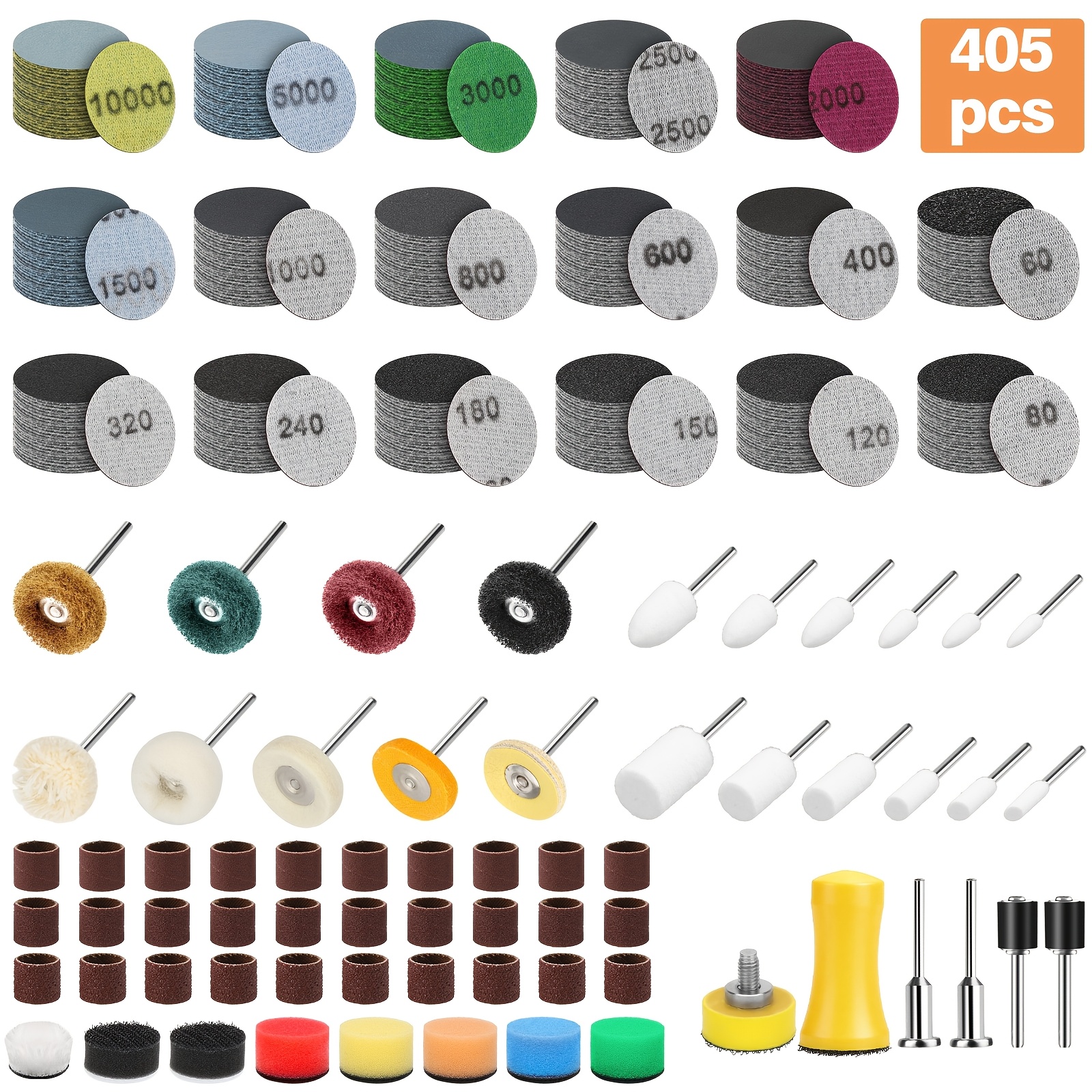 TEMU 405pcs 1-inch Detail Sanding And Polishing Kit, 60-10000 Grit Wet/dry Sandpaper Discs For Rotary Tools, Resin, Wood, Metal & Jewelry, Ideal For