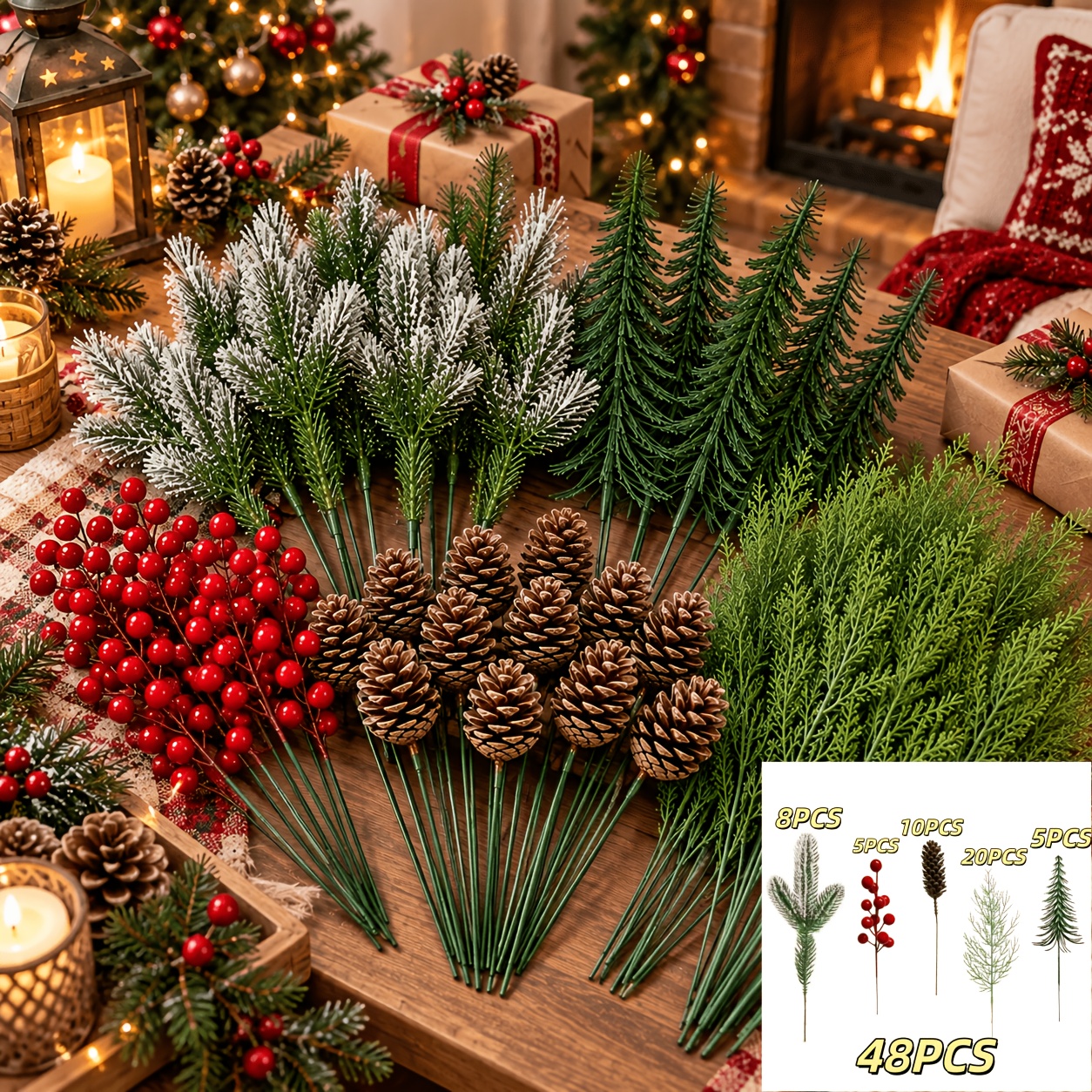TEMU 48pcs Christmas Decorations, Including Pine Needles, Pinecones, Red Berries, Cedar, And Pine Boughs. Realistic Plastic Tree Branches For