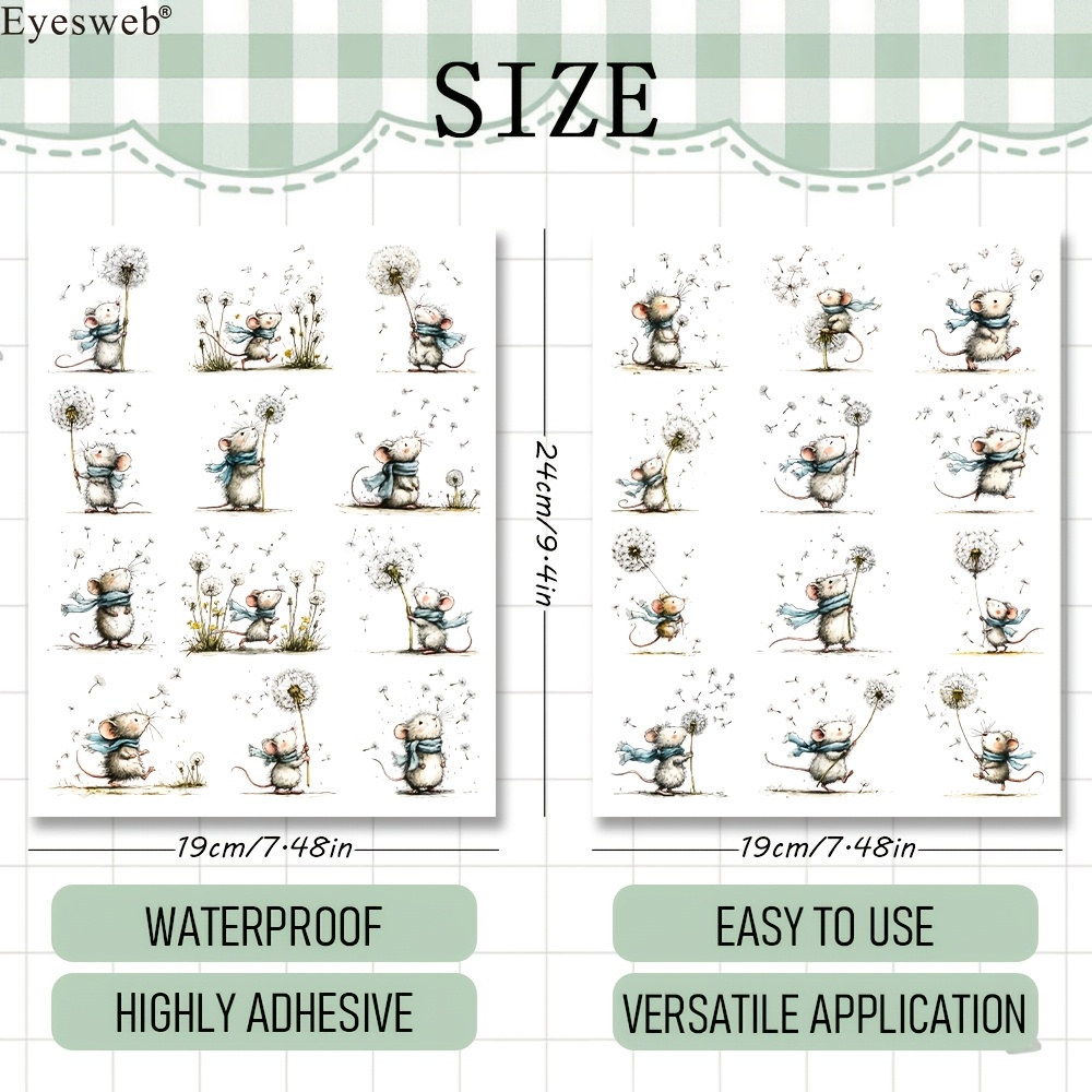 Image of 24 Styles Cute Mouse Dandelion Uv Dtf Transfer, Waterproof No White Border Diy For Cups Mugs Bottles, Cute Animal Transfer For Crafts (2 Sheets)