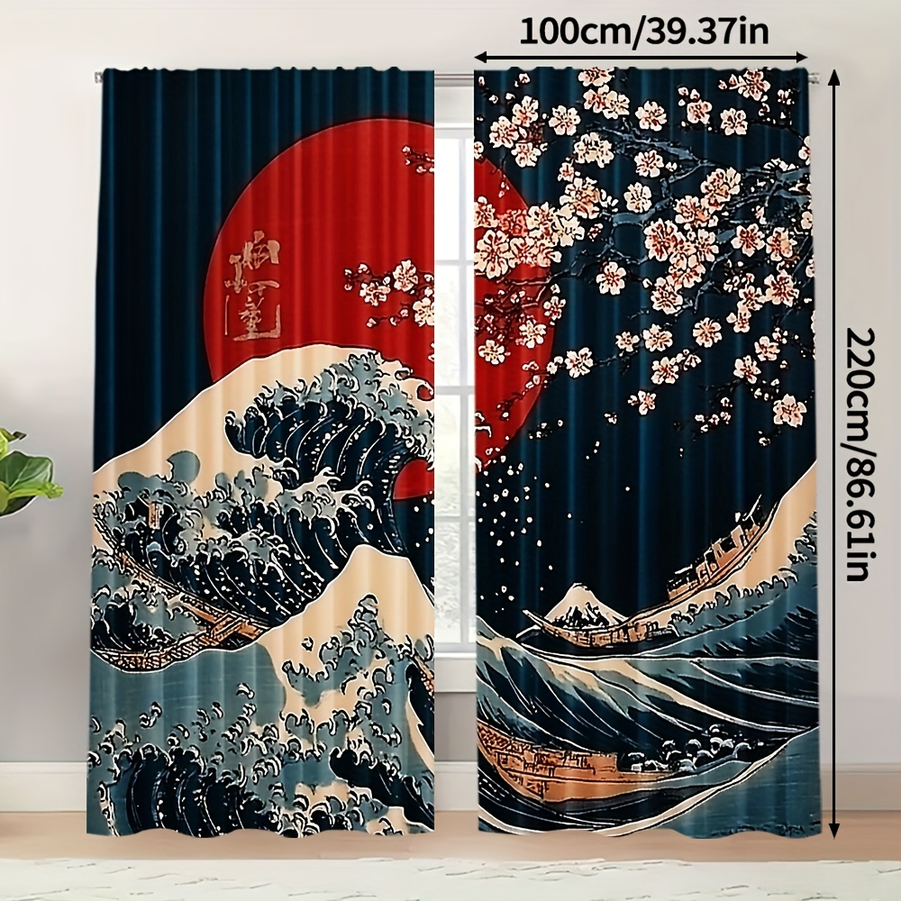 TEMU 2pcs, Japanese-inspired Cherry Waves Landscape Curtains, 100% Polyester, Bedroom, Office, Kitchen, Living Room, Study, And Home Decor, (no Rod