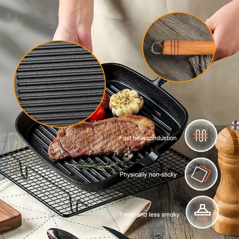 cast iron pan non stick baking pan steak pan wooden handle steak special pan   thickened steak pan multi functional baking pan with pouring mouth square large cooking surface durable frying pan indoor and outdoor barbecue 5