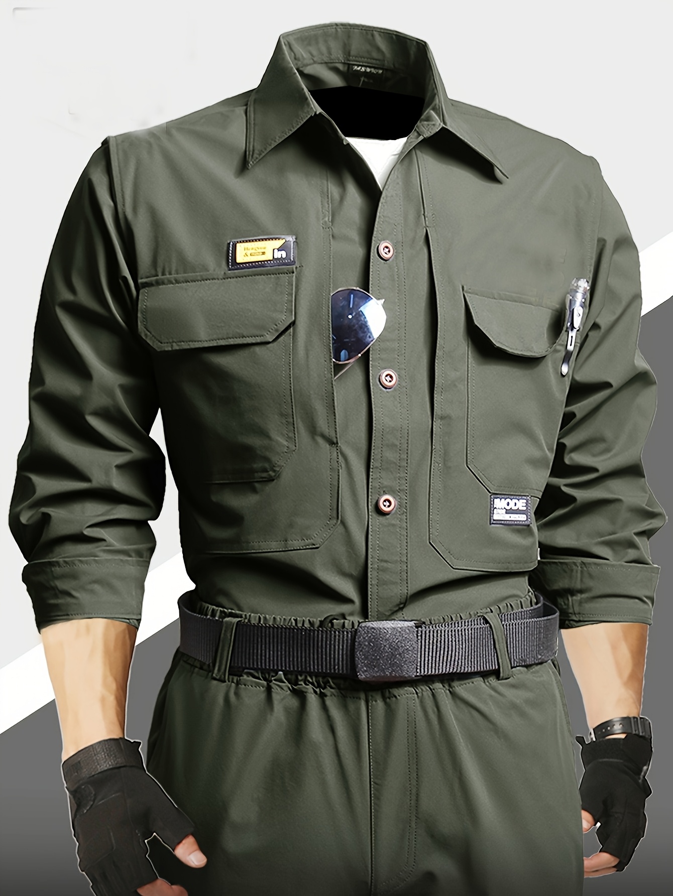 summer mens 2pcs elastic work set ice   fiber fabric fiber fabric quick dry with pockets lightweight breathable casual outdoor long sleeve suit army green 0
