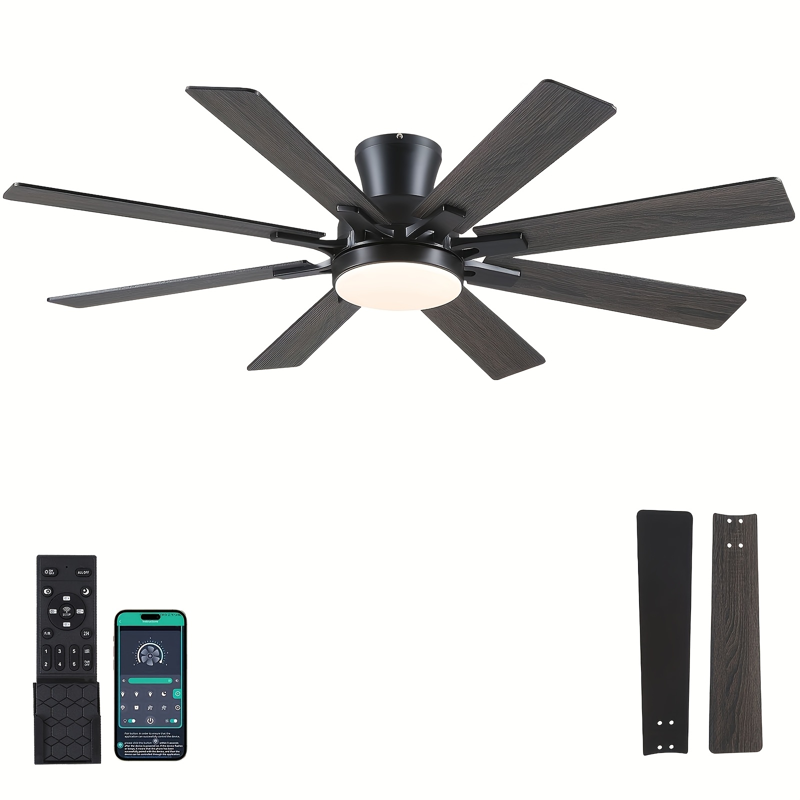 TEMU Ceiling Fan With Light - 52-inch Low-profile Indoor Ceiling Fan With Light And Remote/app Control, 8 , Dimmable Led, , Suitable For Living Rooms