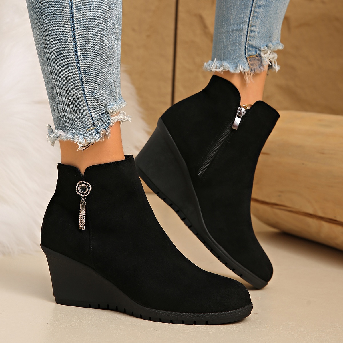 black wedge dress boots Liv Wedge Boot In Black Calfskin & Shearling Lining