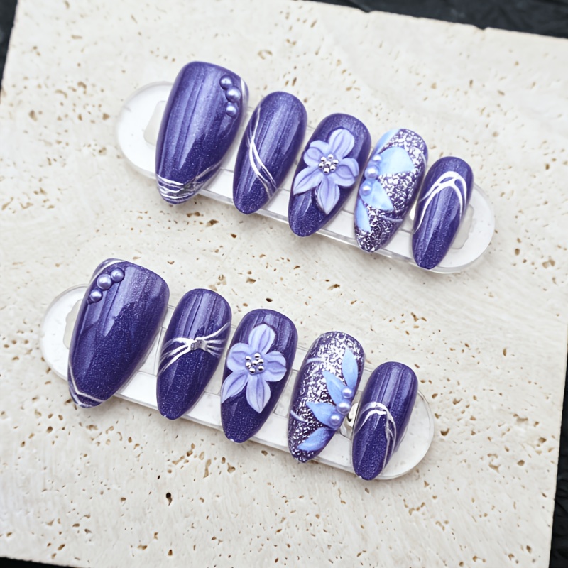 TEMU 10pcs Medium Long Almond Press On Nails, Blue Cat Eye Ombre 3d Flower Silvery Foil Design Glossy Full Cover Fake Nails, Elegant Nail Tips Press