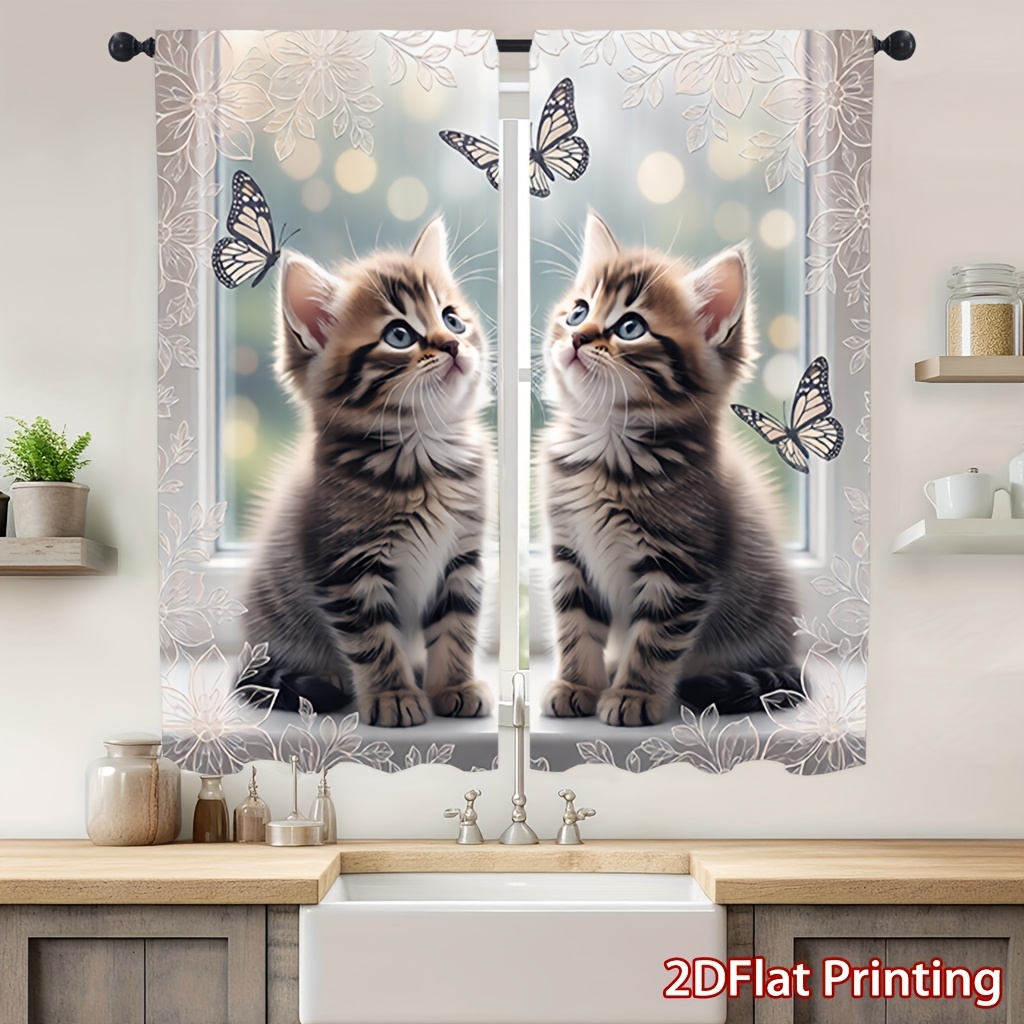 TEMU 2pcs Panel Kitten & Print Semi-sheer Curtains Suitable For, Room, Living Room - Light Filtering Privacy Window Drapes With Pocket Rod