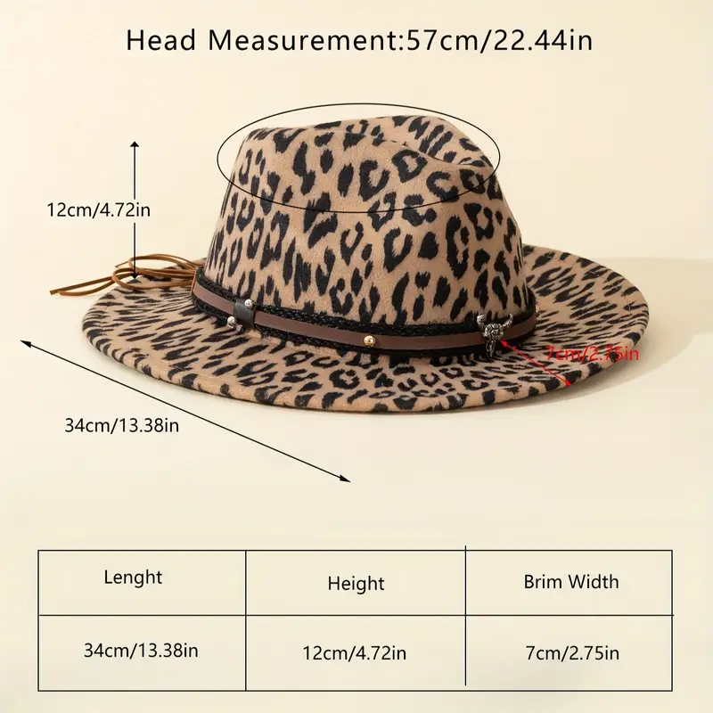 unisex leopard print hat with detachable bull head brown faux leather rivet detail vintage fashion flat brim felt hat all season accessory ideal for daily outings outdoor leisure sun protection festive gifts party fashion details 3