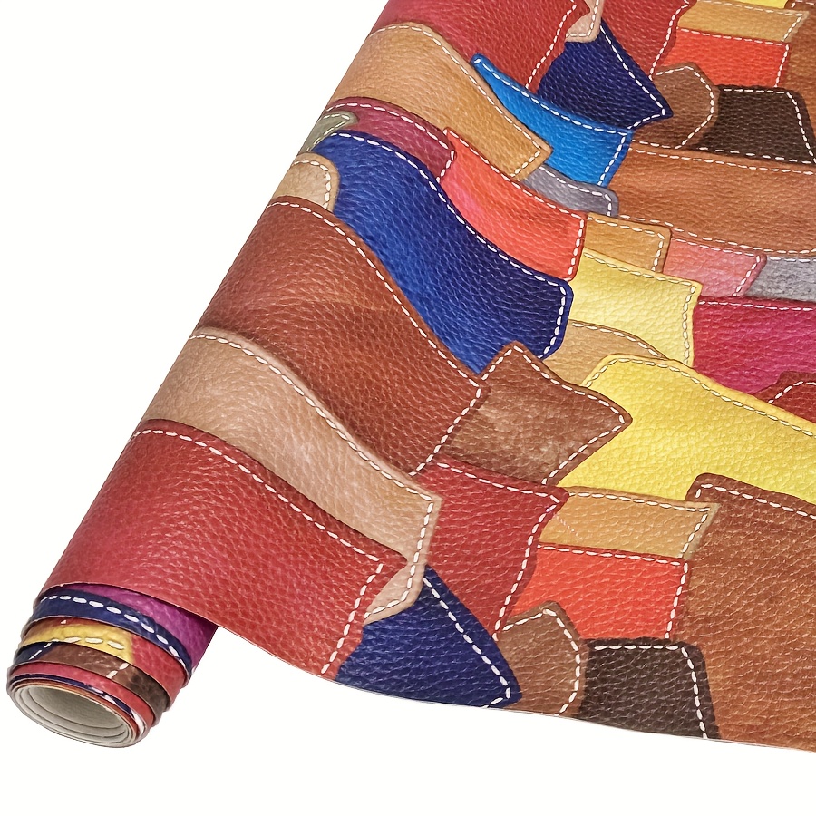 E-shop 1 Stück Multicolor Kunstleder Patchwork in Übergröße, 16X53 Zoll, Lebendige, farbige Kunstleder Patchwork Textur, bedruckter Kunstlederstoff für