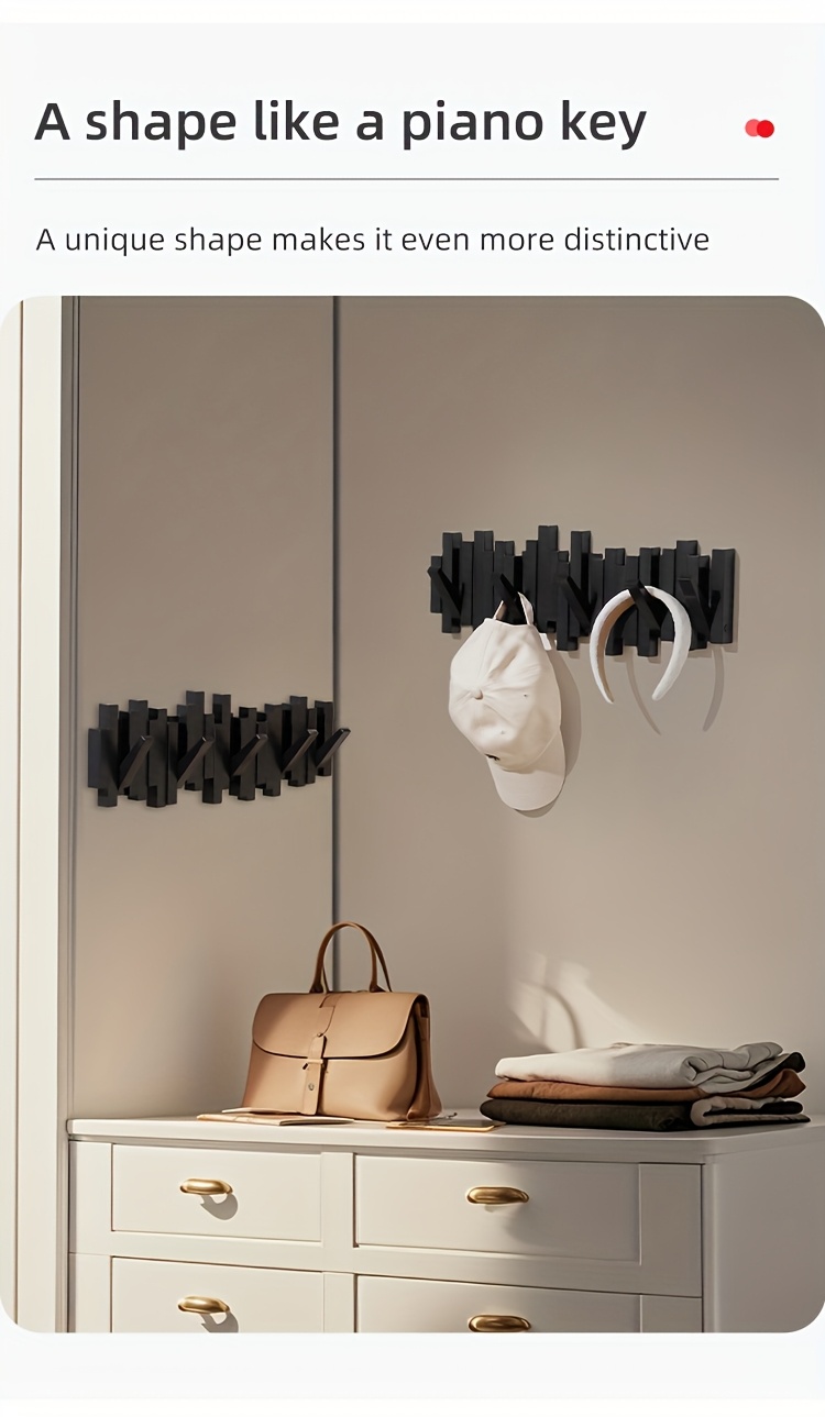 Foldable Piano Hook Rack - Hidden Arms Wall Organizer, No-Drill Entryway Storage