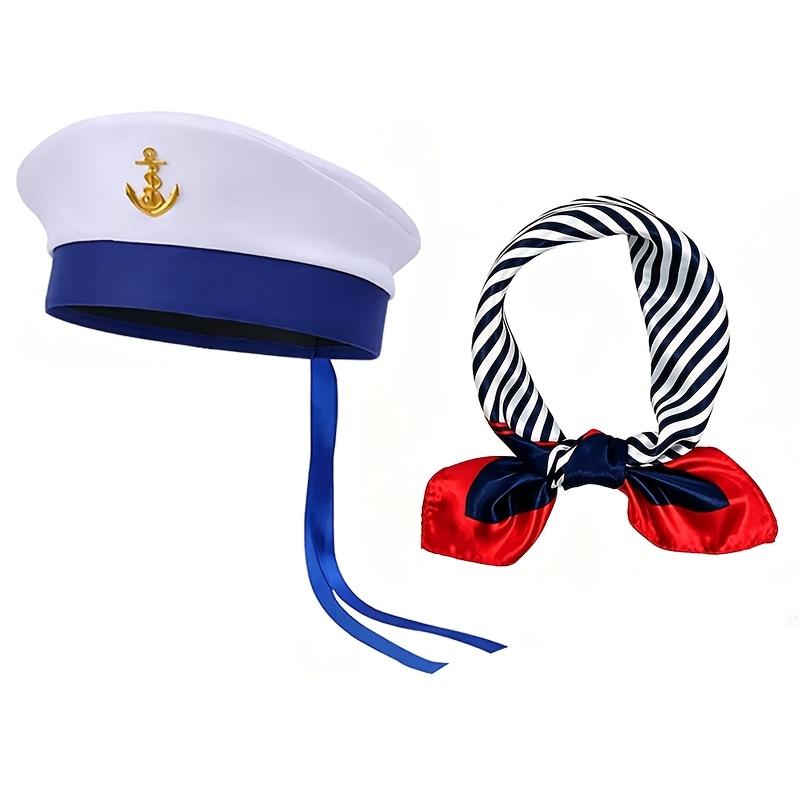 TEMU 2pcs Yacht Captain Sailor Outfit Hat And Scarf Combo, Unisex Cosplay Costume, Retro Character Dress- For Halloween, Carnival, Stage Plays, And