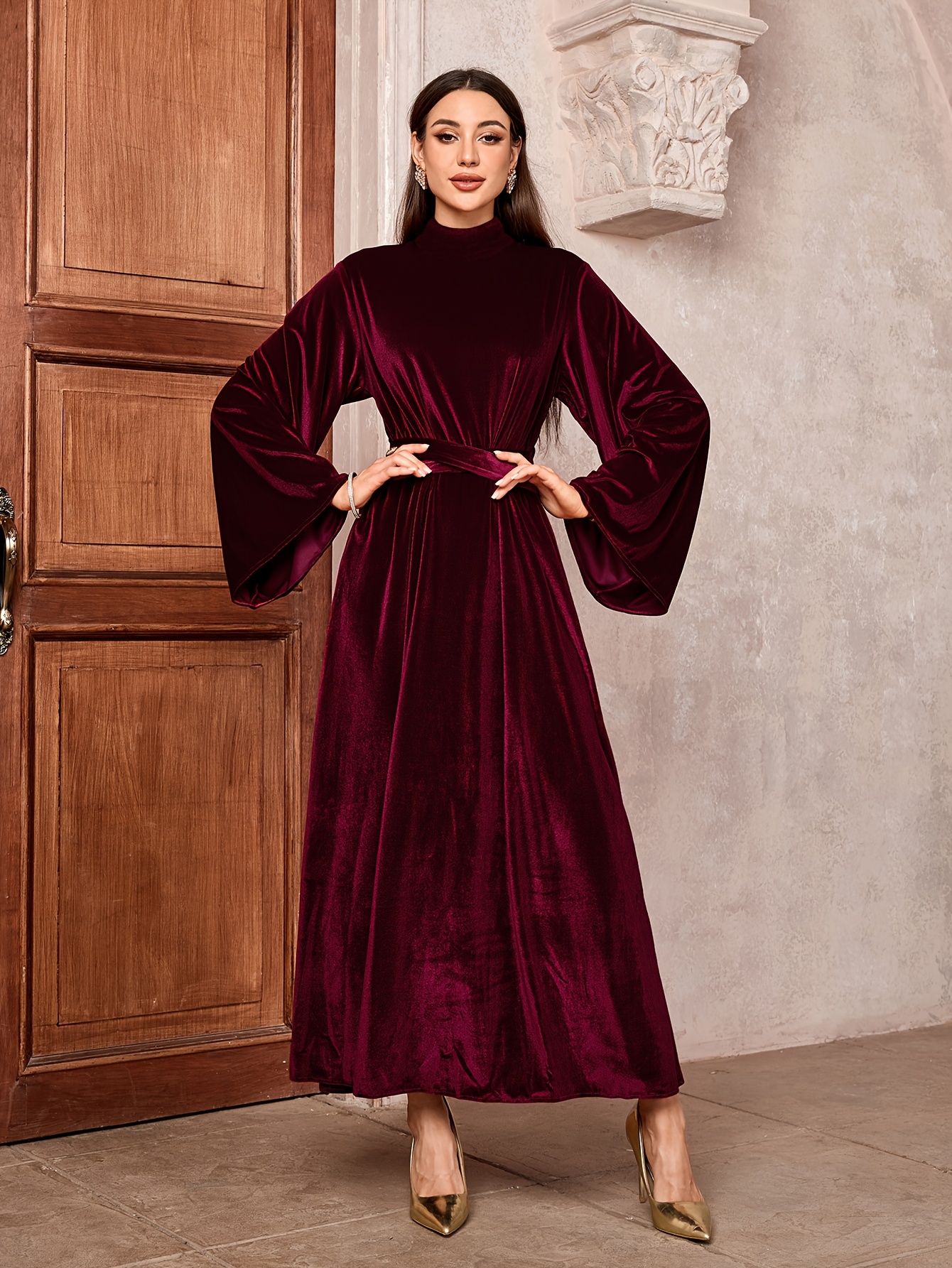 a velvet dress bell sleeves a belt a zipper cover saudi - Temu Germany
