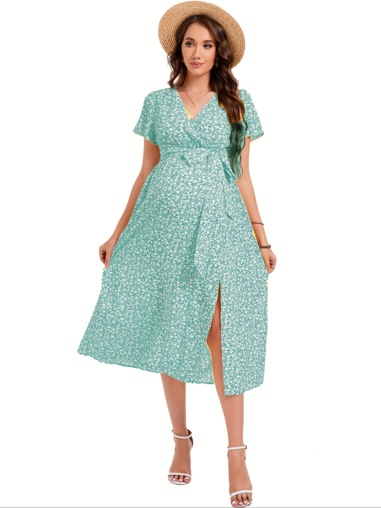 womens maternity dress v neck casual slit flowy maxi dress - Temu
