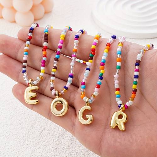 1pc 26 letter enamel pendant necklace colorful rice beads adjustable chain trendy for festival festival birthday gift