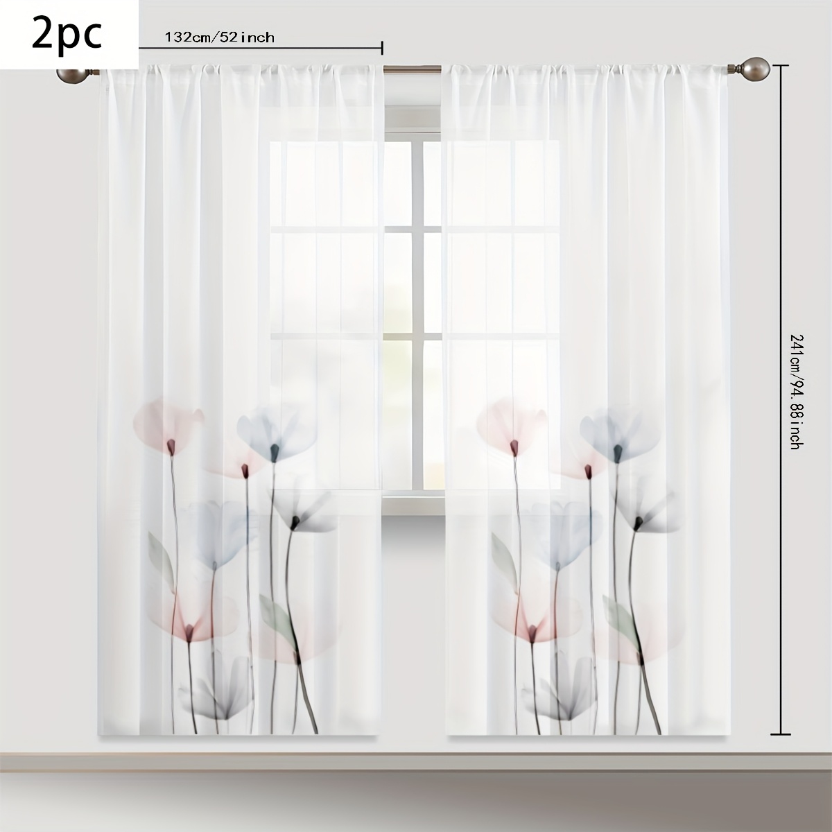 TEMU 2pcs Dreamlike Hand-painted Floral Curtains - Breathable Polyester Semi-sheer Rod Pocket Curtains With Soft Vertical Floral Pattern, Privacy