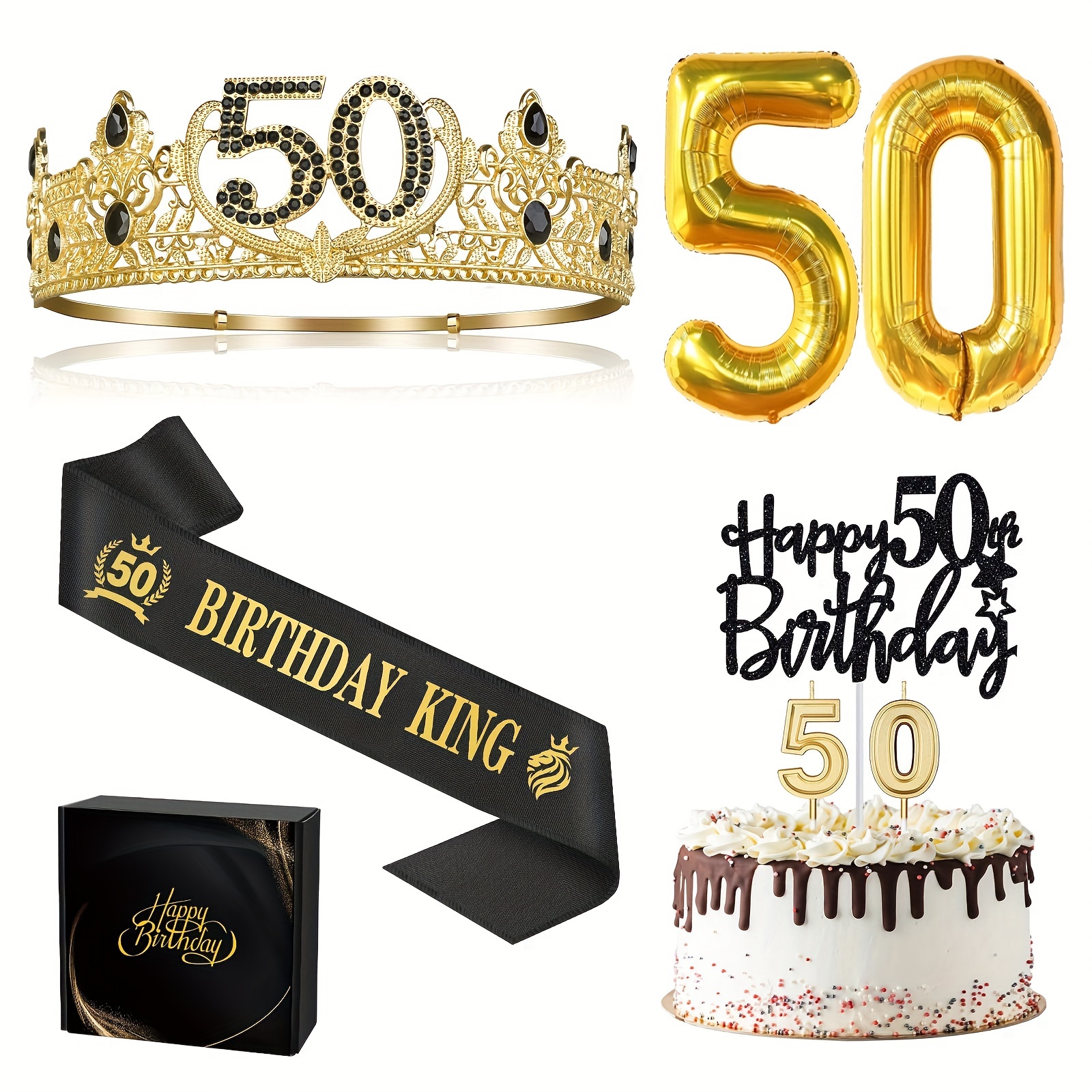 

50th Birthday Gifts For Men, 50th Birthday Decorations For Men, 50 Birthday & Sash & 50 Birthday Balloons & Cake Topper & Birthday Number, Birthday Party Prom Decoration For Men