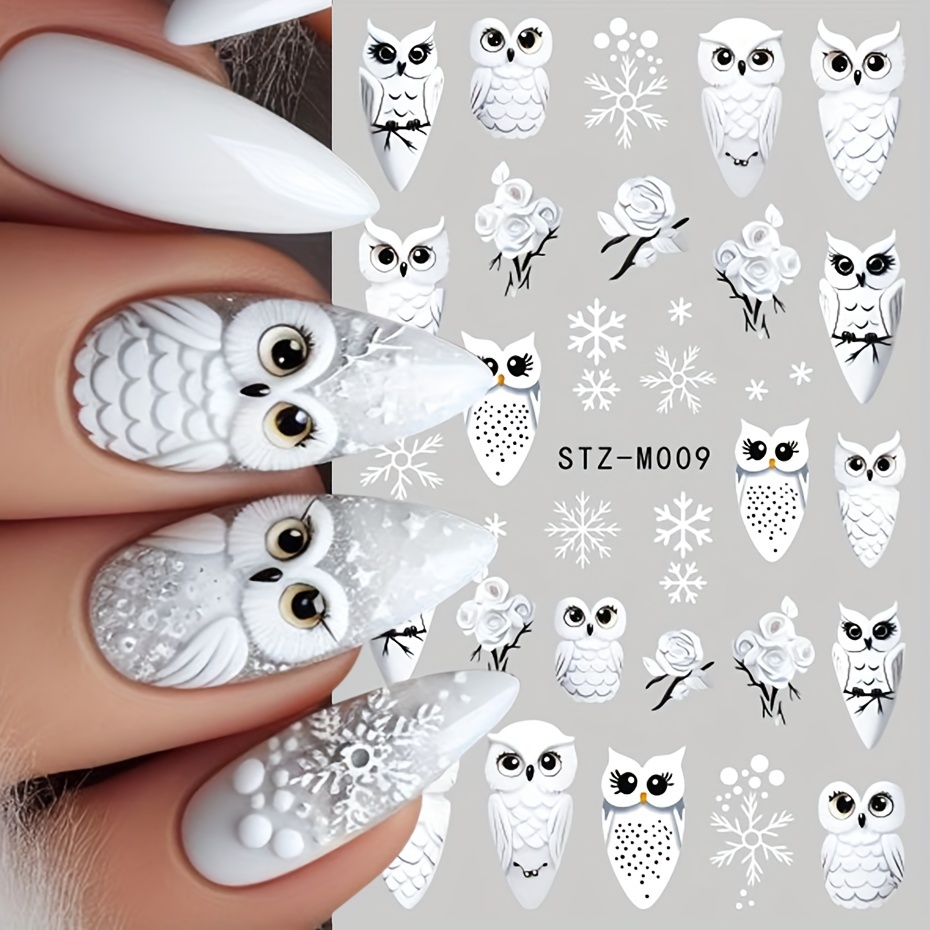 

2pcs Christmas Nail Art Stickers - , Owl & White Rose Designs | Matte , Self-adhesive Decals For , Best For Christmas