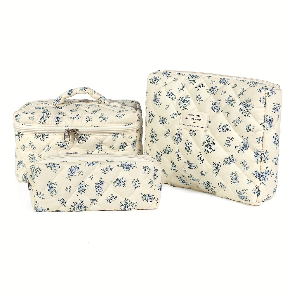 

3-piece Set, Quilted Makeup Bag, Set With Little Flower Print, Vintage Cosmetic Bag, Aesthetic Travel Toiletry Pouches