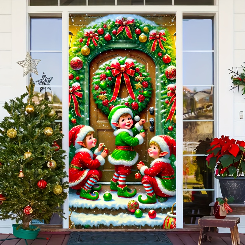 

3d Elves Door Cover Hanging Banner - Polyester Christmas Wall Decor Sign For Front Door, Indoor/outdoor Multipurpose Decoration, No Power Needed, 35.43x70.87 Inches