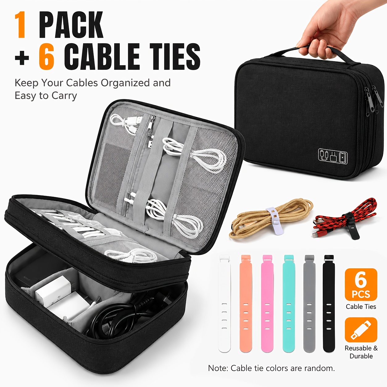 TEMU 1 Pack Cable Organizer Bag With 6 Random Color Reusable Cable Ties, Portable Tech Accessories Storage Case With Mesh Pockets And Elastic Loops