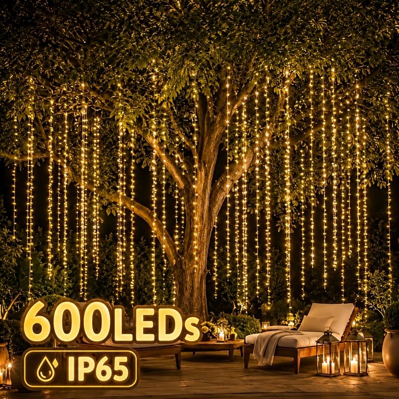TEMU 1pc 600x300cm 600led Outdoor Curtain Lights Battery Operated, Fairy String Lights, Hanging Lights (warm White/cool White/colorful Light) For